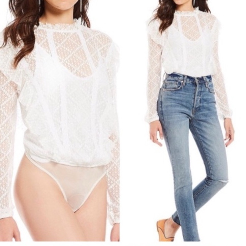 Free People Goldie Lace Ruffle Long Sleeve Ivory Bodysuit Top XS
